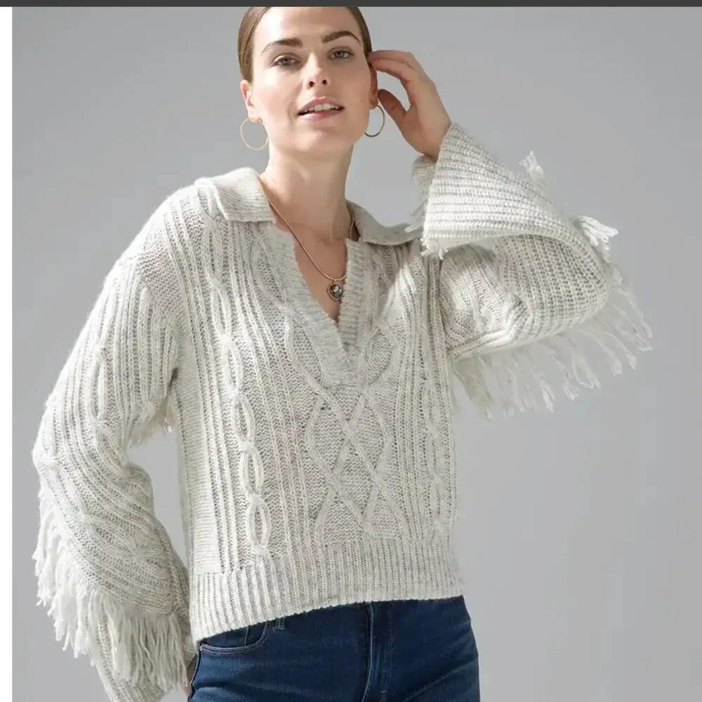 WHITE House Black Market Oversized Polo Sweater with Fringe Size XS